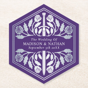 Silver Purple Royal Medieval Sword Wedding Paper Coaster