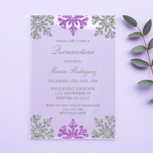 Silver Purple Snowflake Winter Quinceanera Acrylic Invitations