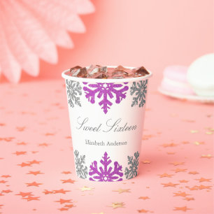 Silver Purple Snowflake Winter Sweet 16 Paper Cups