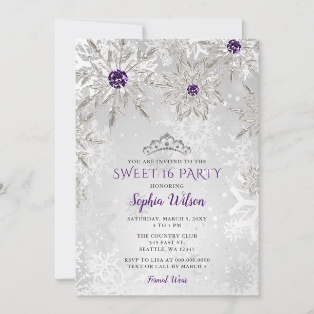 Silver Purple Snowflakes Tiara Sweet 16   Invitation (Front)