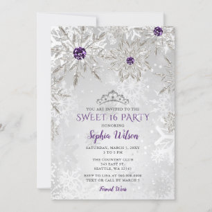 Silver Purple Snowflakes Tiara Sweet 16 Invitation