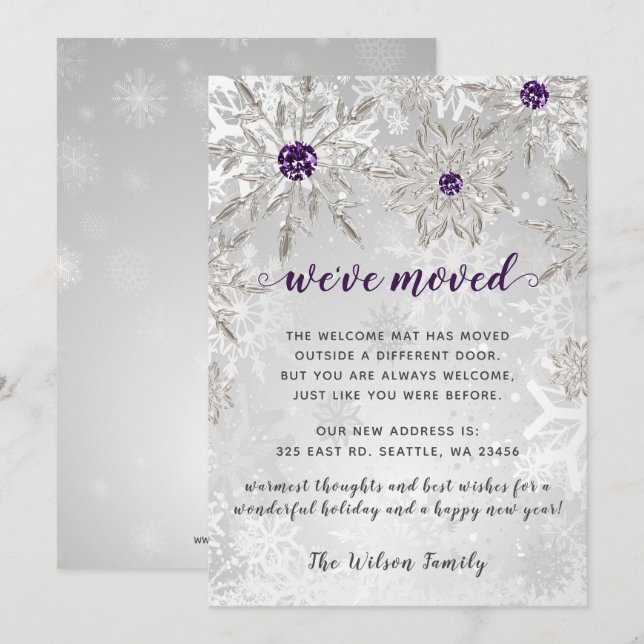 Silver Purple Snowflakes We've Moved Holiday Cards (Front/Back)