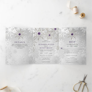 Silver Purple Snowflakes Winter Christmas Wedding Tri-Fold Invitation