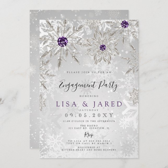 Silver Purple Snowflakes Winter Engagement Party   Invitation (Front/Back)