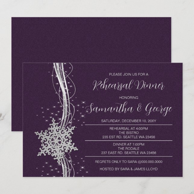 Silver Purple Snowflakes Winter Rehearsal Dinner  Invitation (Front/Back)