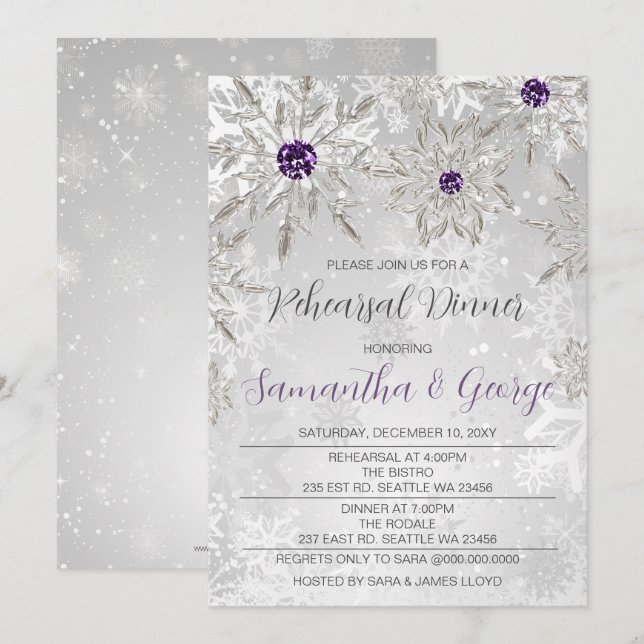 Silver Purple Snowflakes Winter Rehearsal Dinner  Invitation (Front/Back)