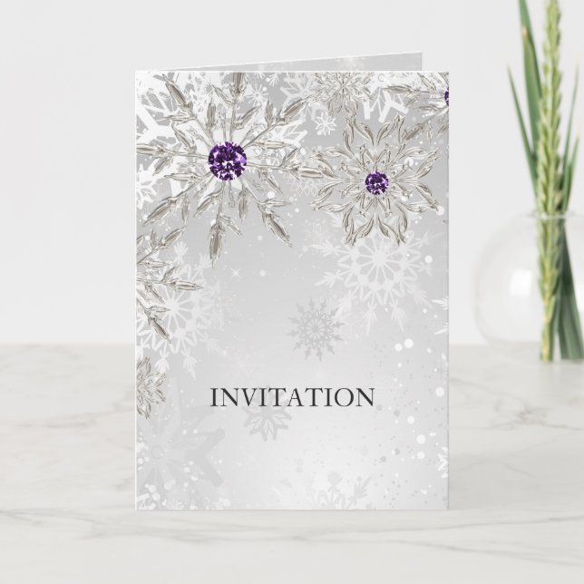 silver purple snowflakes winter wedding invitation (Front)