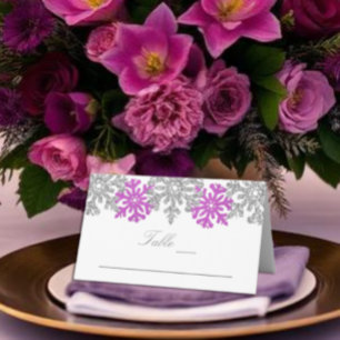 Silver Purple Snowflakes Winter Wedding Place Card