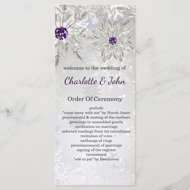 silver purple snowflakes winter wedding programs programme (Front)