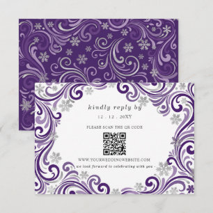 Silver Purple Snowflakes Winter Wedding QR Code RSVP Card