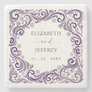 Silver Purple Snowflakes Winter Wedding Stone Coaster