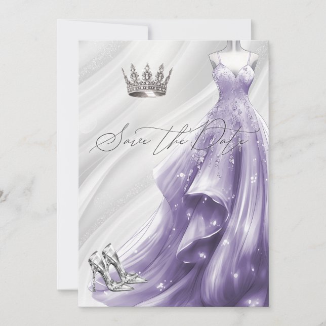 Silver Purple Sparkle Dress Quinceañera Save Date Invitation (Front)