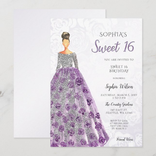 Silver Purple Sparkle Dress Sweet 16 birthday Invi Invitation (Front/Back)