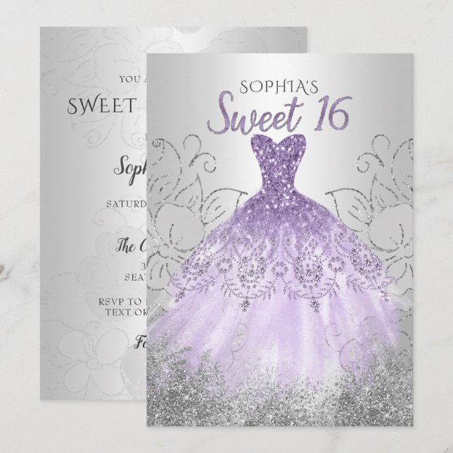 Silver Purple Sparkle Dress Sweet 16 birthday Invitation (Front/Back)