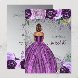 Silver Purple Sparkle Dress Sweet 16 birthday  Invitation