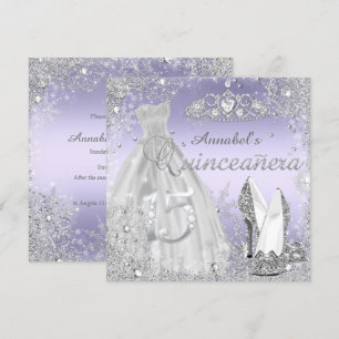 Silver & Purple Sparkle Dress & Tiara Quinceanera Invitation
