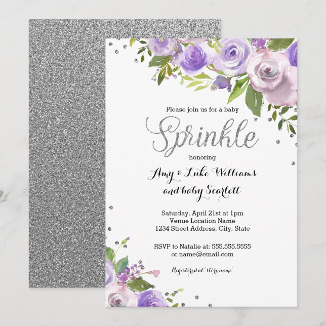 Silver Purple Sparkle Floral Sprinkle Baby Shower Invitation (Front/Back)