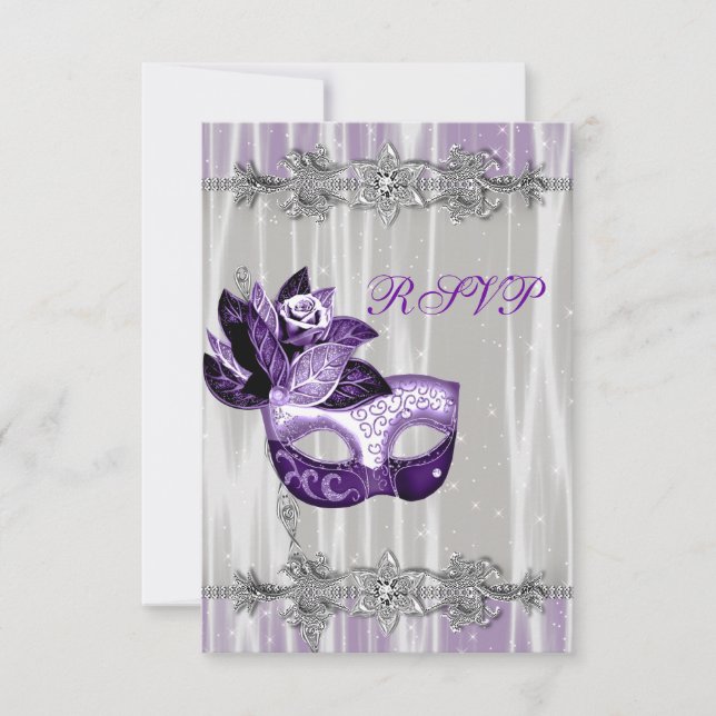 Silver Purple Sparkle Purple Masquerade Party RSVP Card (Front)