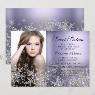 Silver Purple Sparkle Snowflake Photo Sweet 16 Invitation