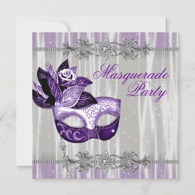 Silver Purple Sparkles Purple Masquerade Party Invitation (Front)