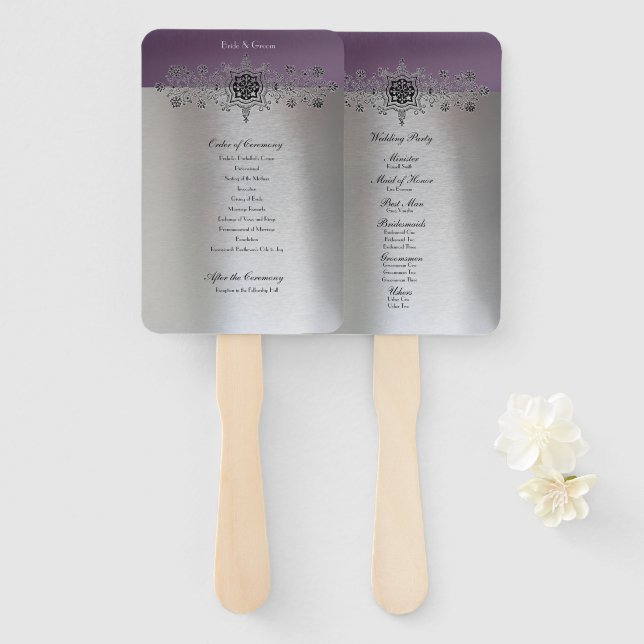 Silver Purple Wedding Program Hand Fan (Front and Back)