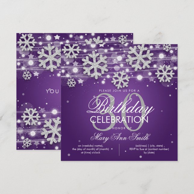 Silver Purple Winter Glitter Glam 30th Birthday Invitation (Front/Back)