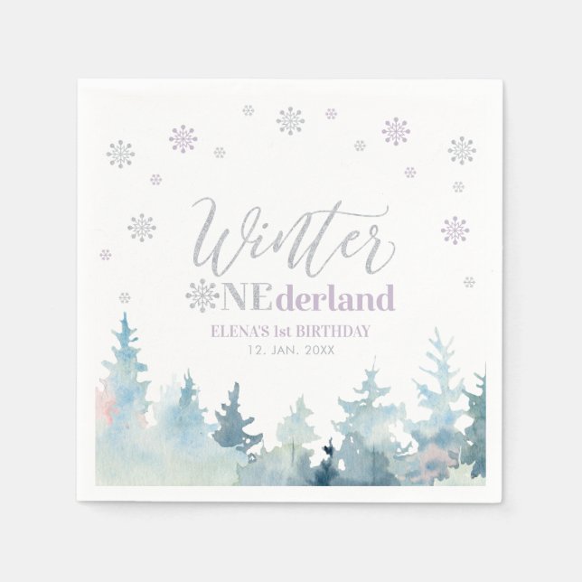 Silver & Purple Winter Onederland 1st Birthday Napkin (Front)