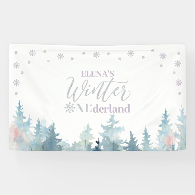 Silver Purple Winter Onederland 1st Birthday Party Banner (Horizontal)