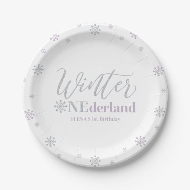 Silver & Purple Winter Onederland Birthday Party Paper Plate (Front)