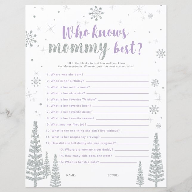 Silver & Purple Winter Wonderland Baby Shower Game (Front)