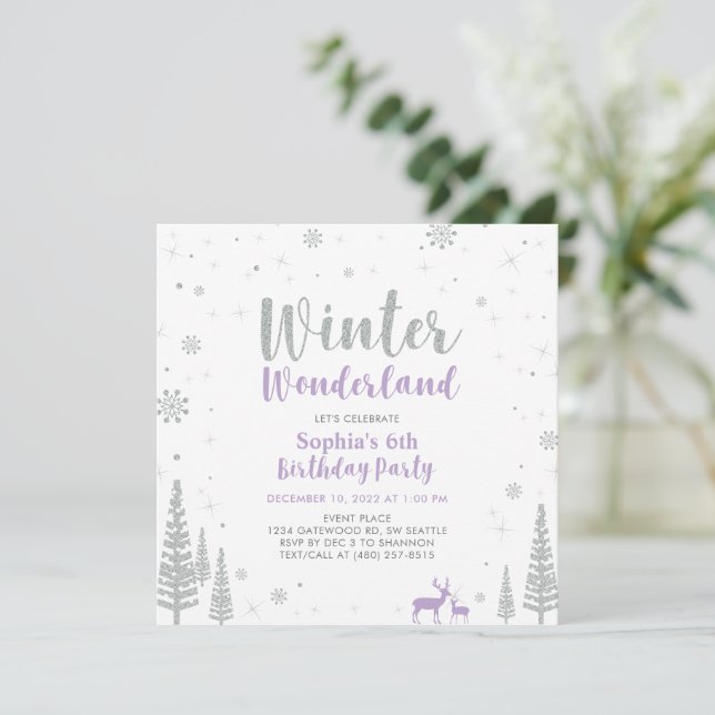 Silver & Purple Winter Wonderland Girl Birthday Invitation (Standing Front)