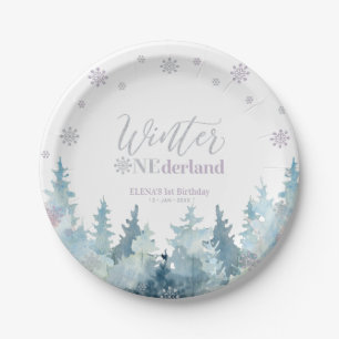 Silver Purple Winter Wonderland Snow 1st Birthday Paper Plate