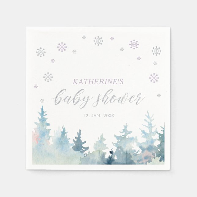 Silver & Purple Winter Wonderland Snow Baby Shower Napkin (Front)