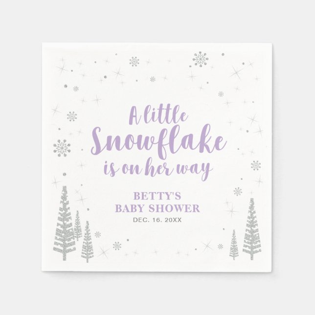Silver & Purple Winter Wonderland Snow Baby Shower Napkin (Front)