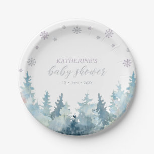 Silver & Purple Winter Wonderland Snow Baby Shower Paper Plate