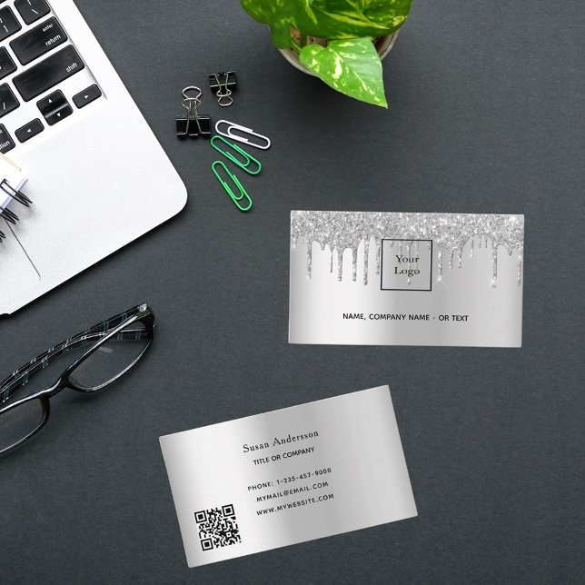 Silver QR code glitter drips female Business Card (Creator Uploaded)