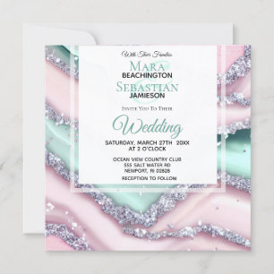 *~*  Silver QR MINT PINK AGATE AR66 RSVP Wedding Invitation