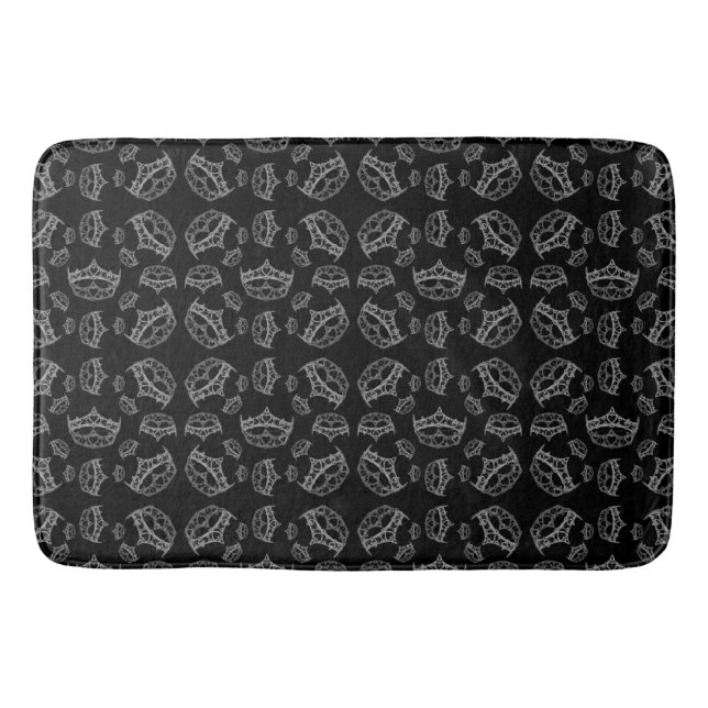 Silver Queen of Hearts crown tiara black bath mat (Front)