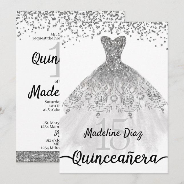 Silver Quinceanera Birthday Invitation Cumpleanos (Front/Back)