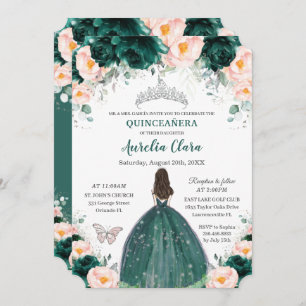 Silver Quinceañera Emerald Blush Floral Princess Invitation
