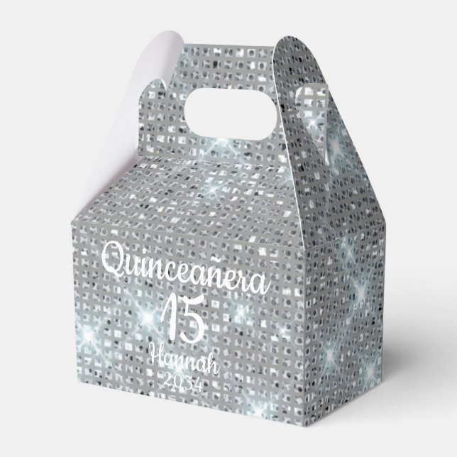 Silver Quinceañera Girl 15th Birthday Thank You Favour Box (Front Side)