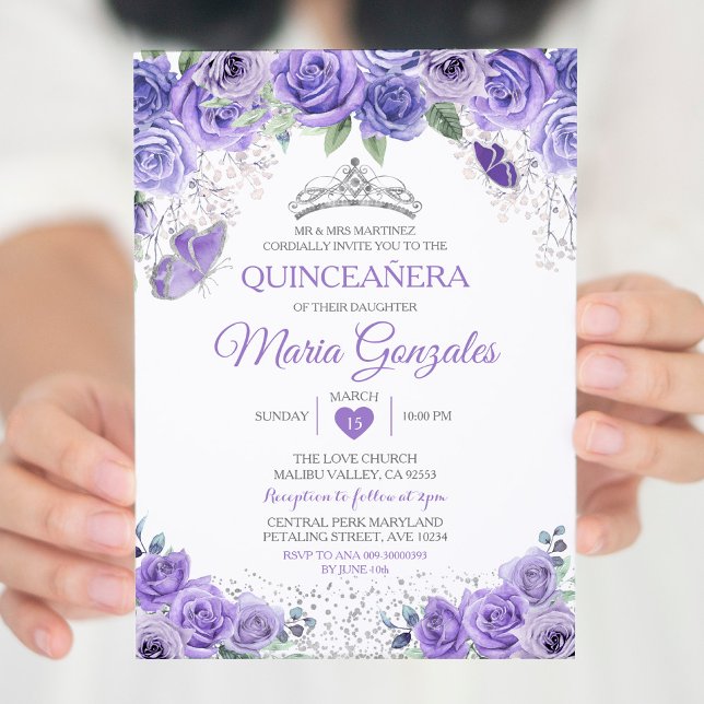 Silver Quinceañera Purple Crown Mexican Butterfly Invitation (Creator Uploaded)