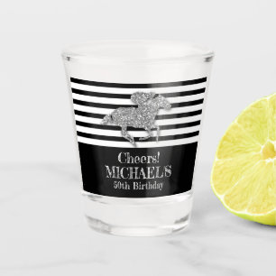 Silver Race Horse Black White Stripes Birthday Shot Glass