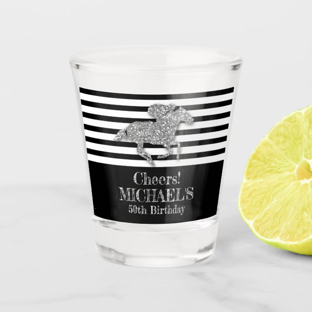 Silver Race Horse Black White Stripes Birthday Shot Glass (Front)