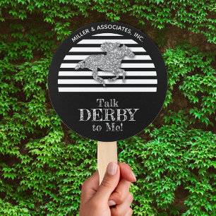 Silver Race Horse Black White Stripes Company Name Hand Fan