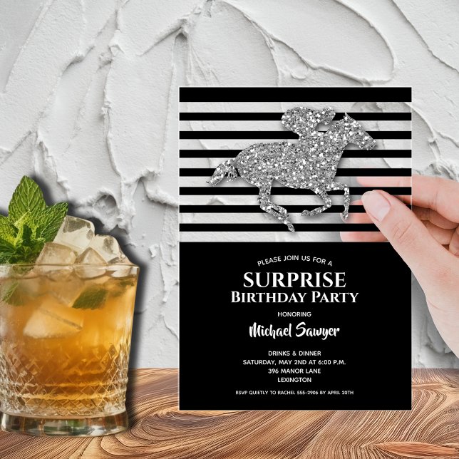Silver Racehorse Black White Stripes Birthday Acrylic Invitations (Silver faux glitter racehorse surprise birthday acrylic invitations - order clear or frosted)