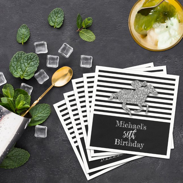 Silver Racehorse Black White Stripes Birthday Napkin (Silver racehorse and jockey on black and white Stripes birthday party cocktail napkins)