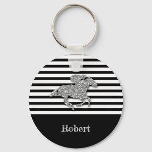 Silver Racehorse Black White Stripes Key Ring