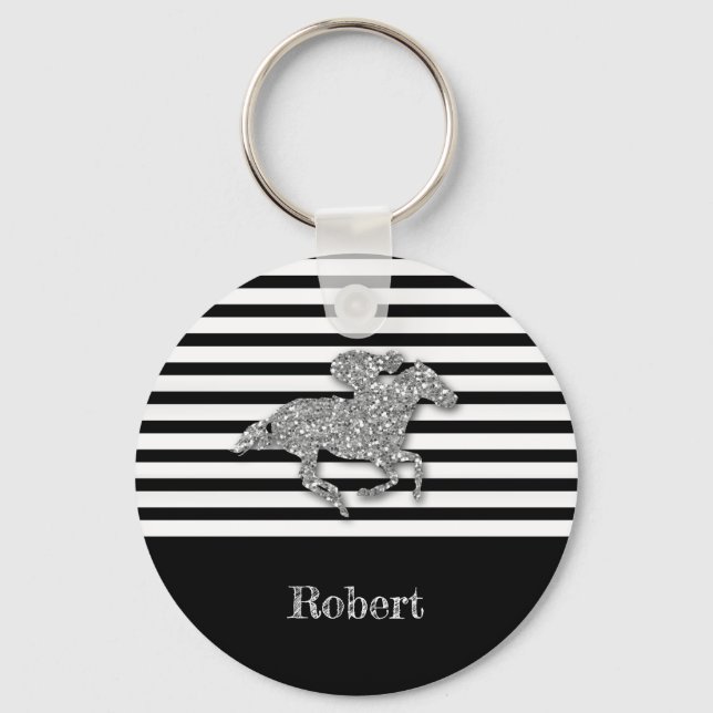 Silver Racehorse Black White Stripes Key Ring (Front)