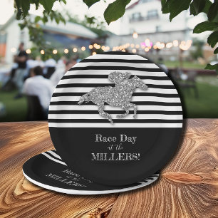 Silver Racehorse Black White Stripes Paper Plate